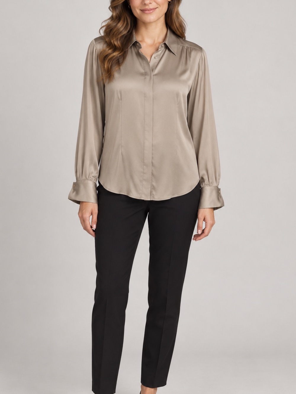 Le Chateau Silk Beige Silk Blend Long Sleeve Button Down Shirt Blouse Size L
